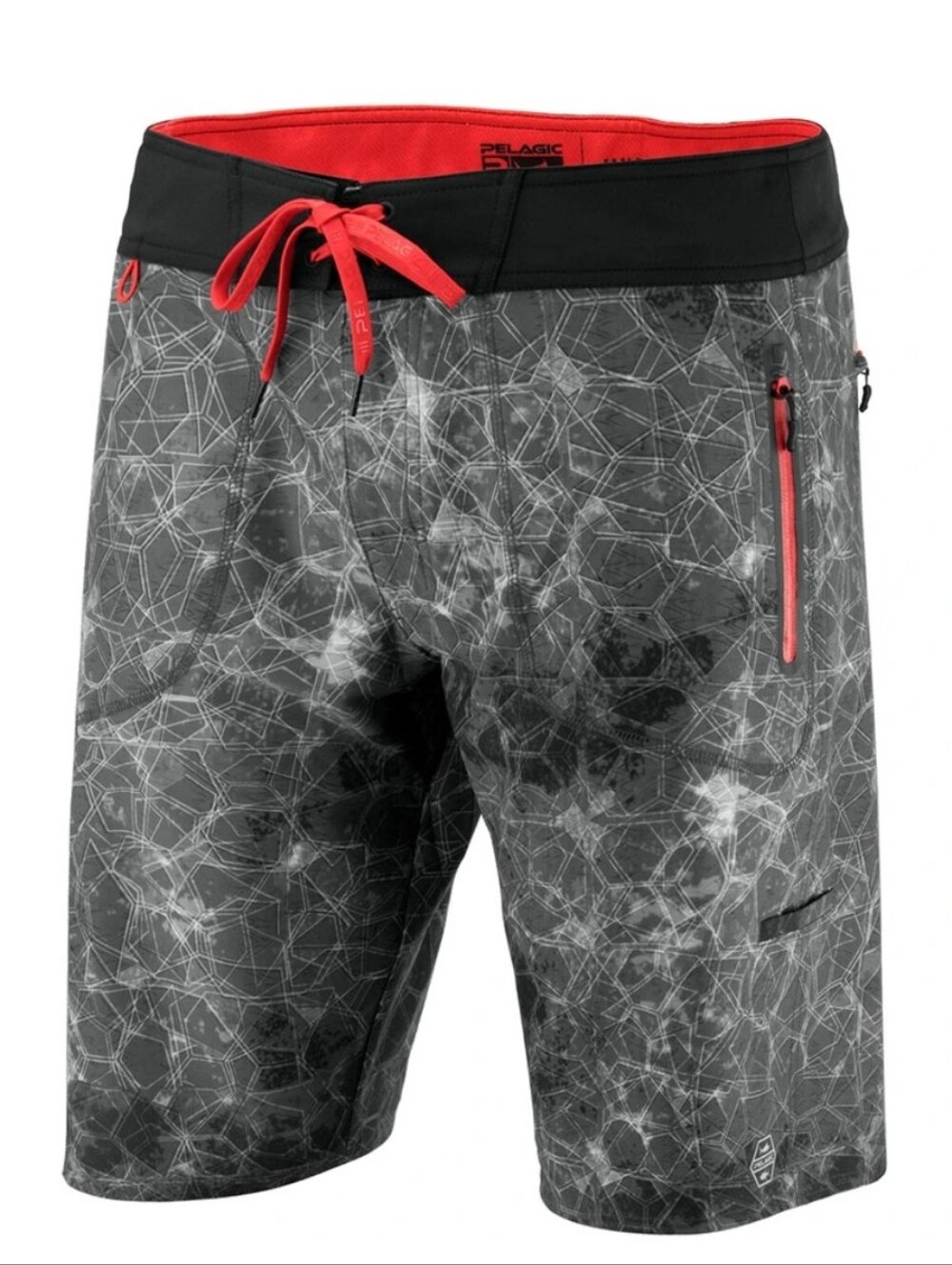 Pelagic Men's Gray Geo Print Swim Boardshorts with Red Accents